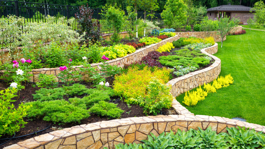 Landscaping panorama of home garden